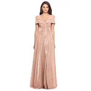 XSCAPE Gown Size 6 Petite Rose Gold Glitter Maxi Formal Dress NWT